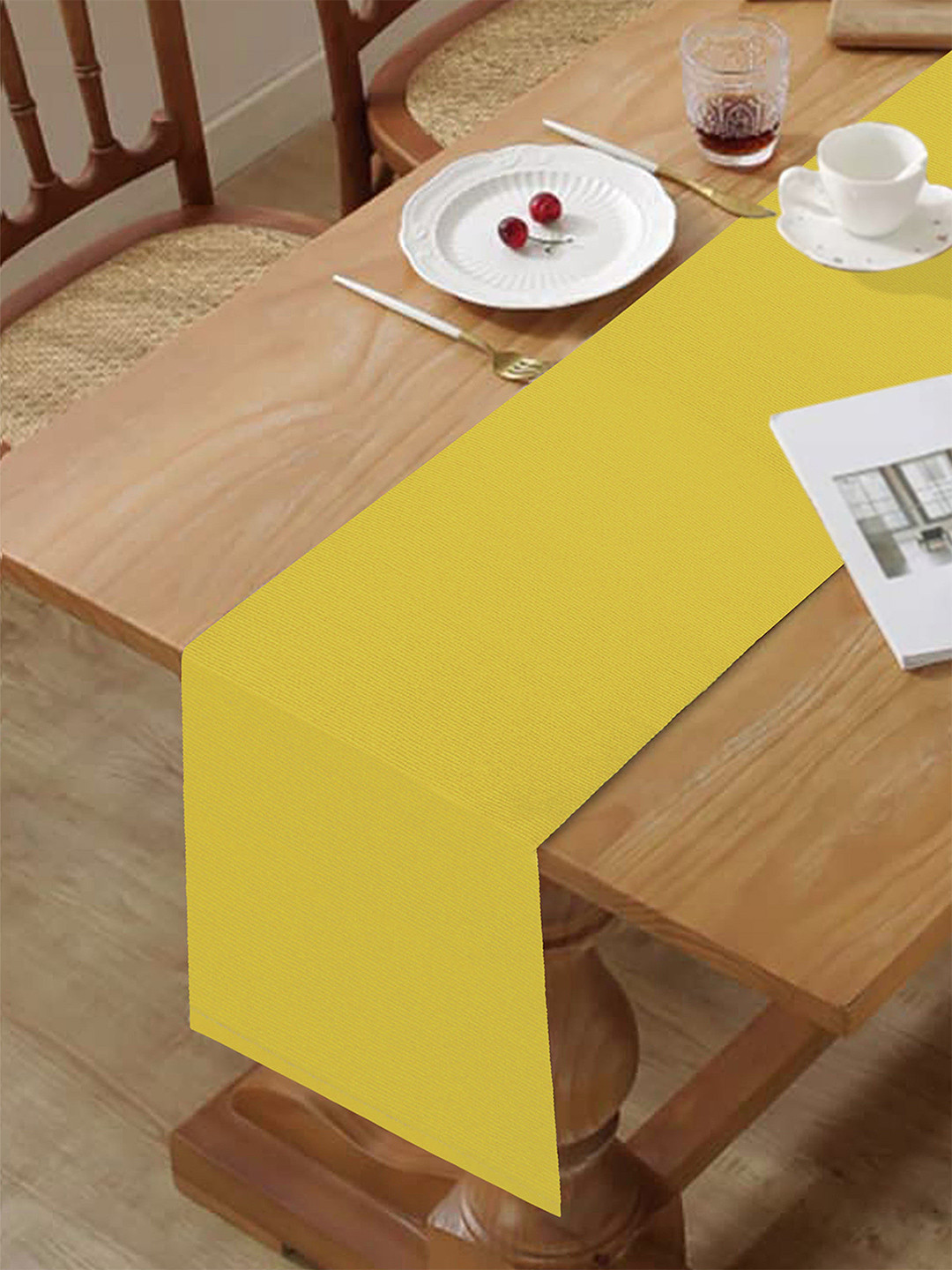 HOME COLORS.IN Yellow Cotton Soild 8 Seater Table Runner