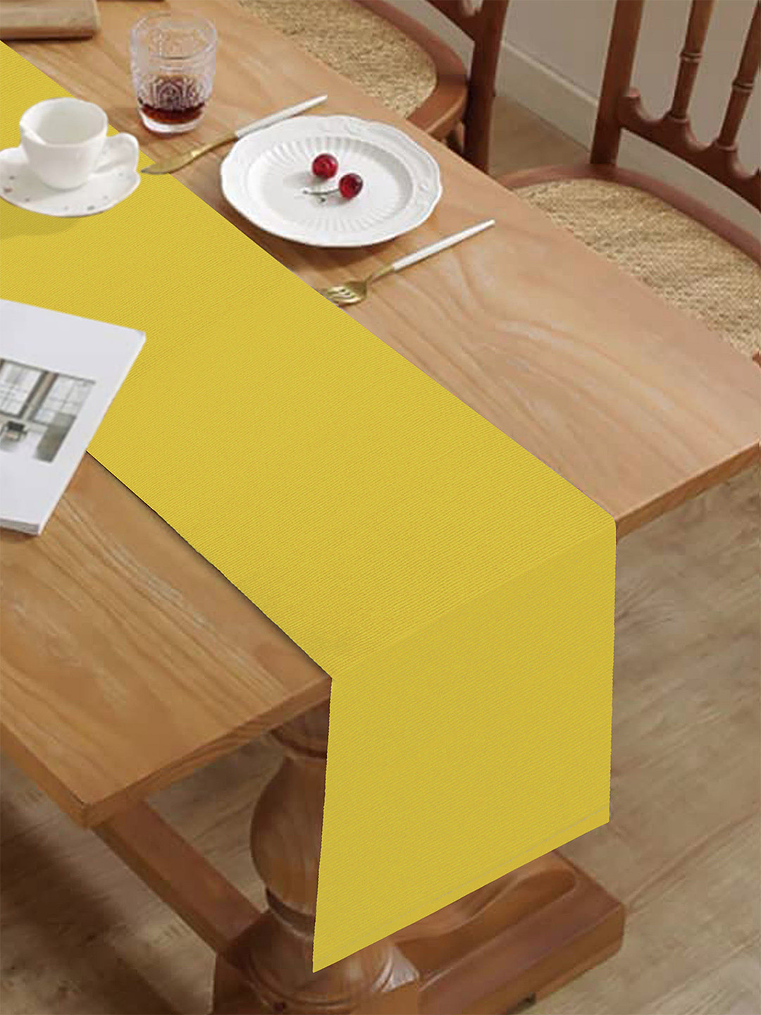 HOME COLORS.IN Yellow Cotton Soild 6 Seater Table Runner