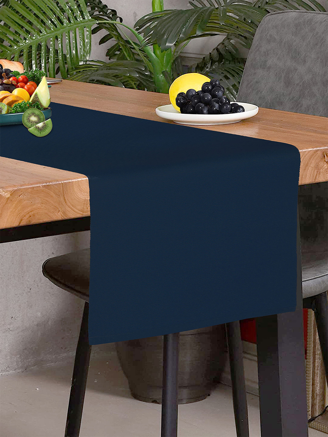 HOME COLORS.IN Navy Blue Cotton Soild 2-4 Seater Table Runner