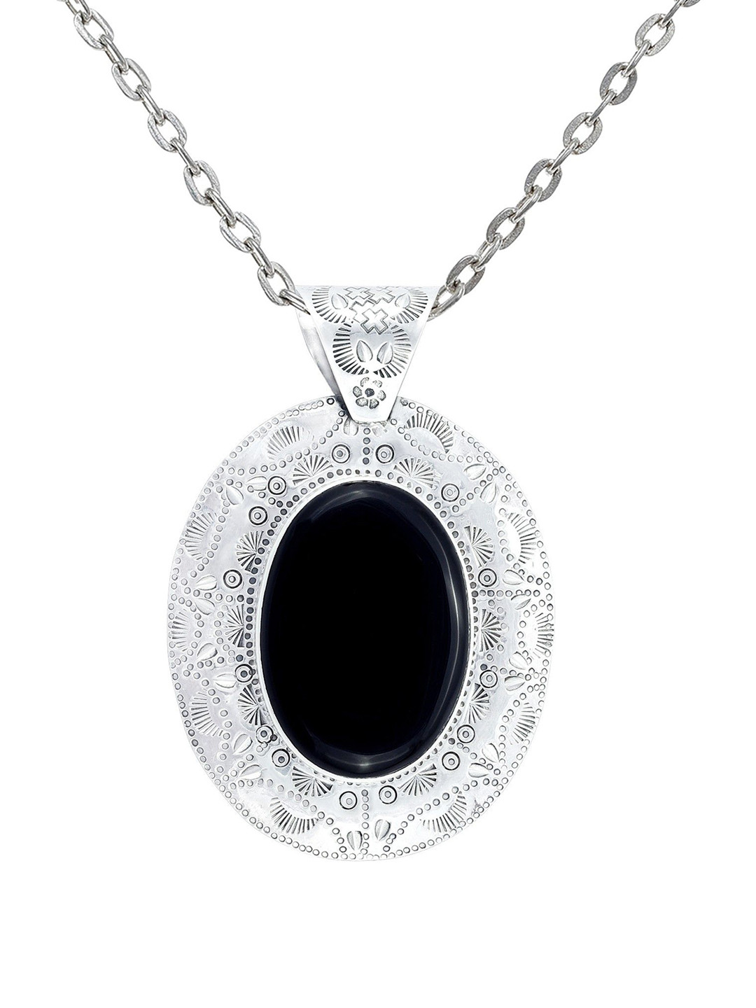 Exotic India Black Onyx Stone Large Oval Shaped Pattern Engraved Sterling Silver Pendant