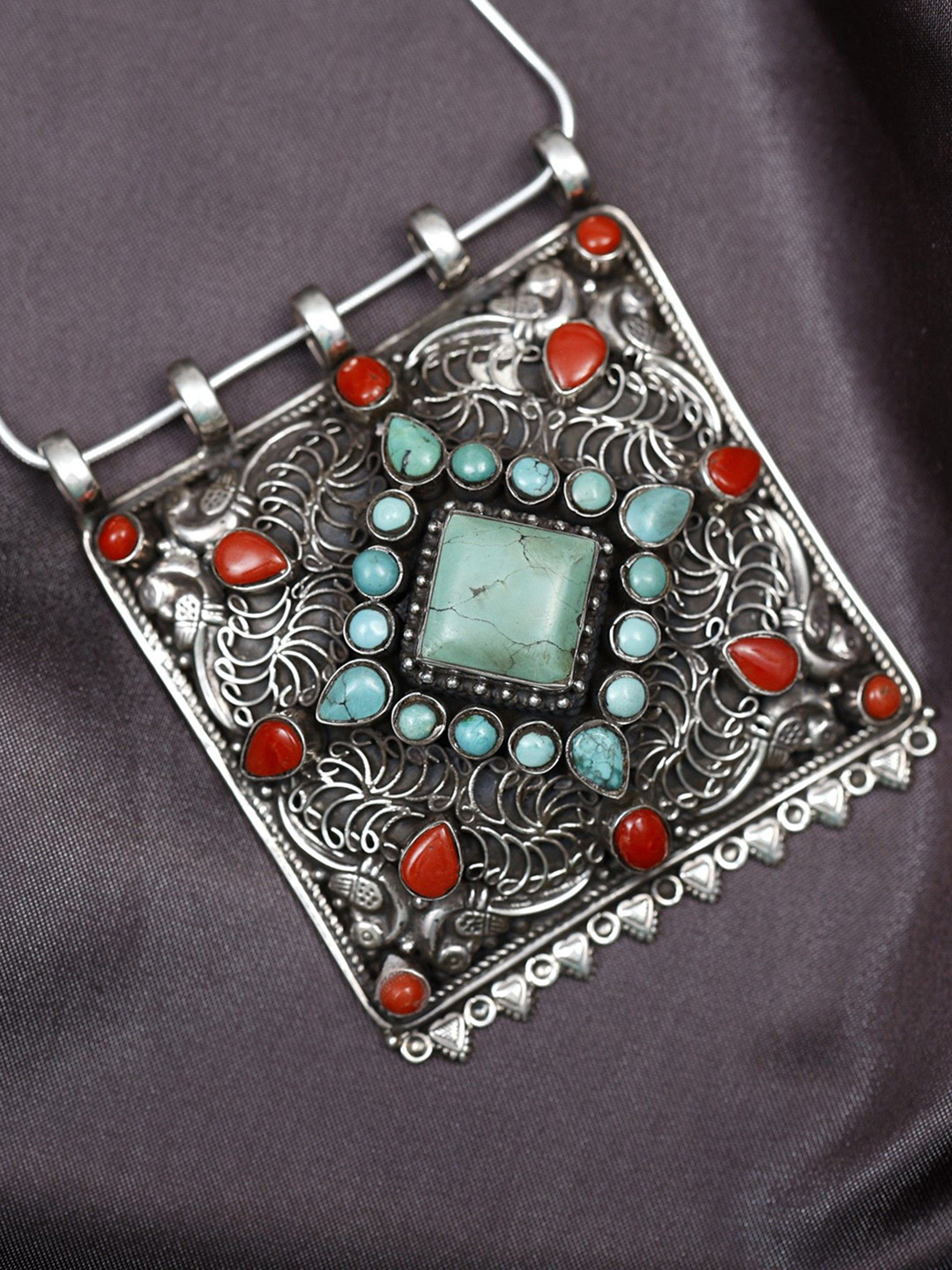 Exotic India Turquoise and Coral Gemstone Tibetan Filigree Sterling Silver Pendant