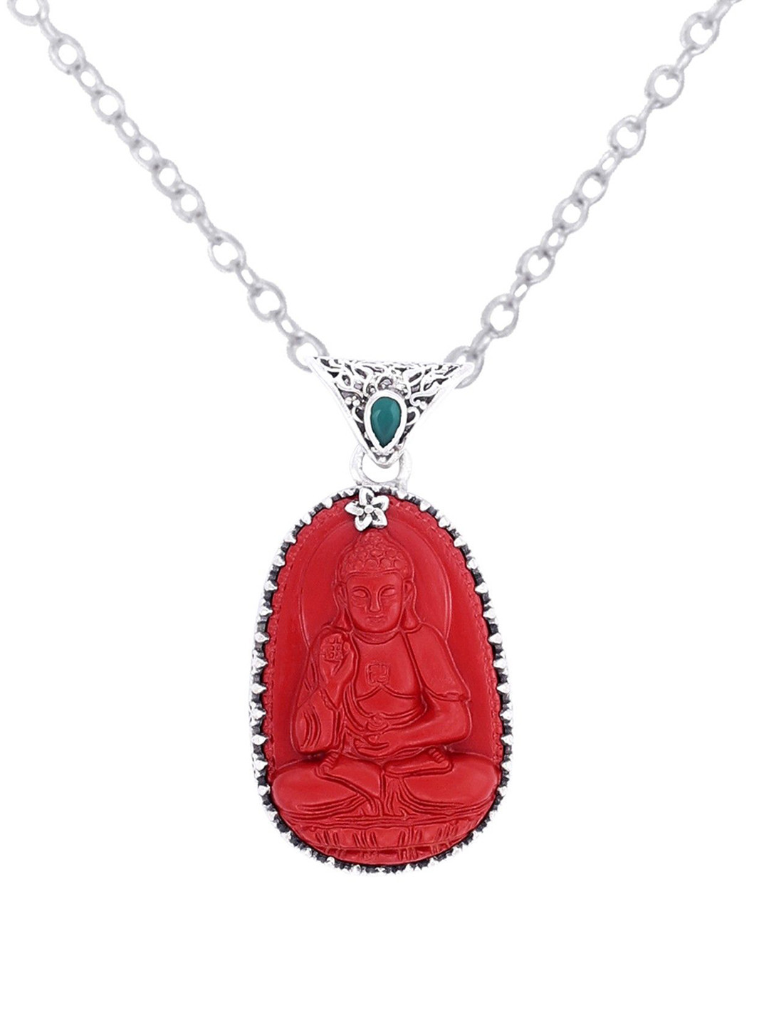 Exotic India Red Stone Buddha with Precious Emerald Gemstone Sterling Silver Pendant