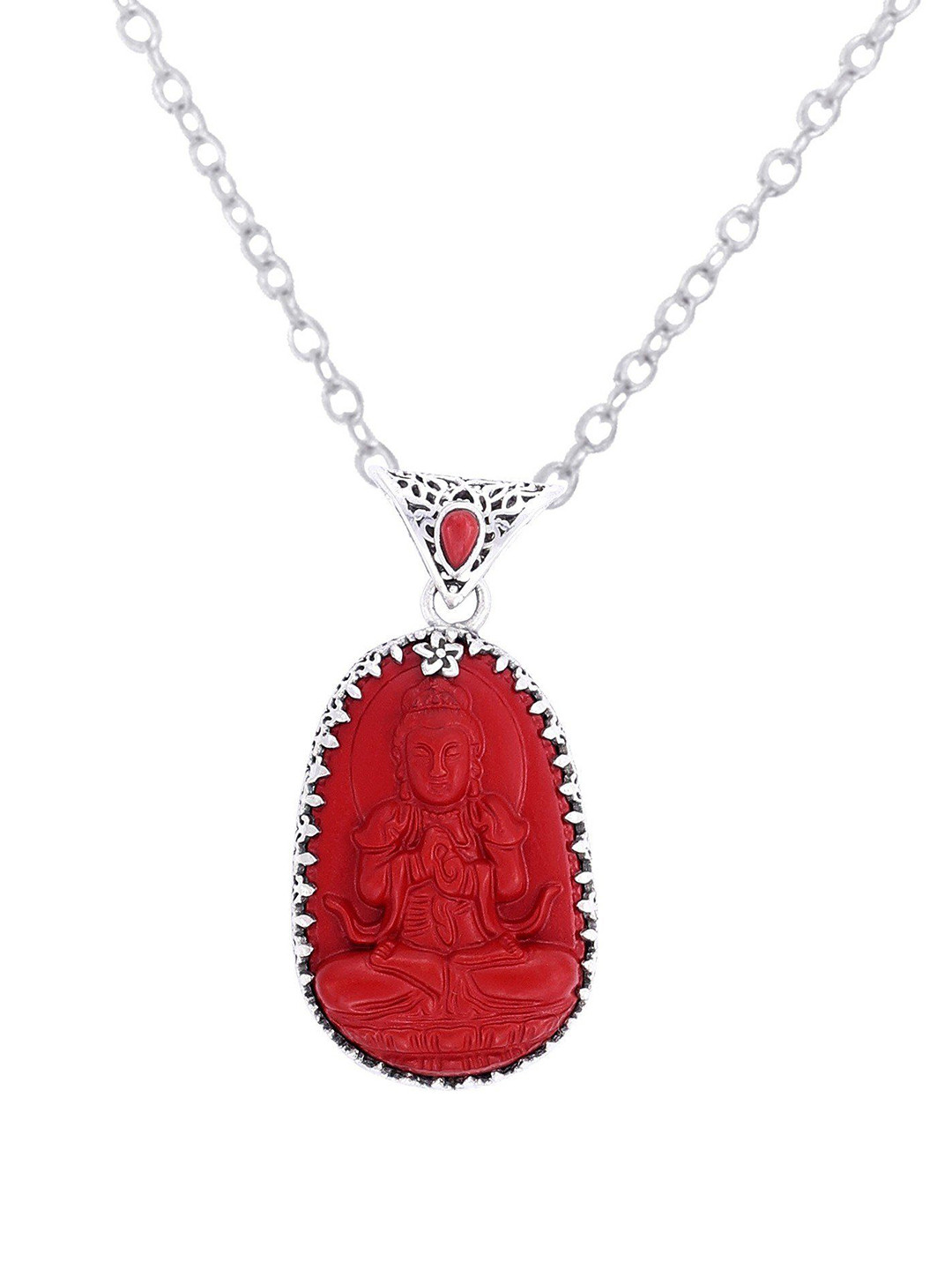 Exotic India Red Stone Chinese Buddha with Precious Coral Gemstone Sterling Silver Pendant