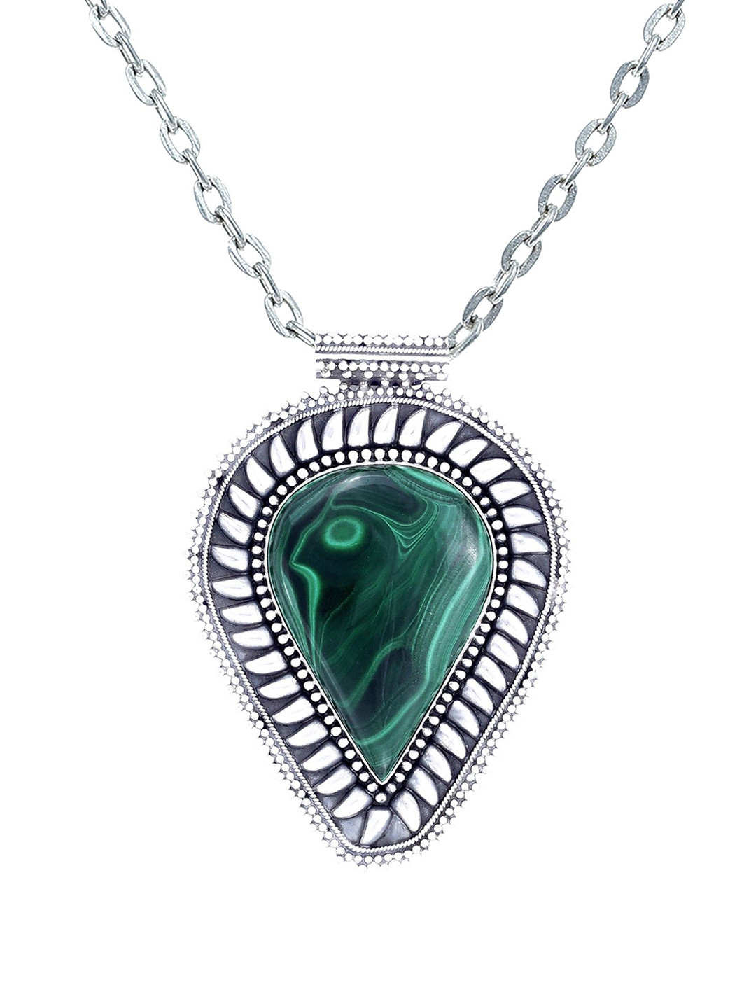 Exotic India Malachite Stone Large Pan Shaped Sterling Silver Pendant