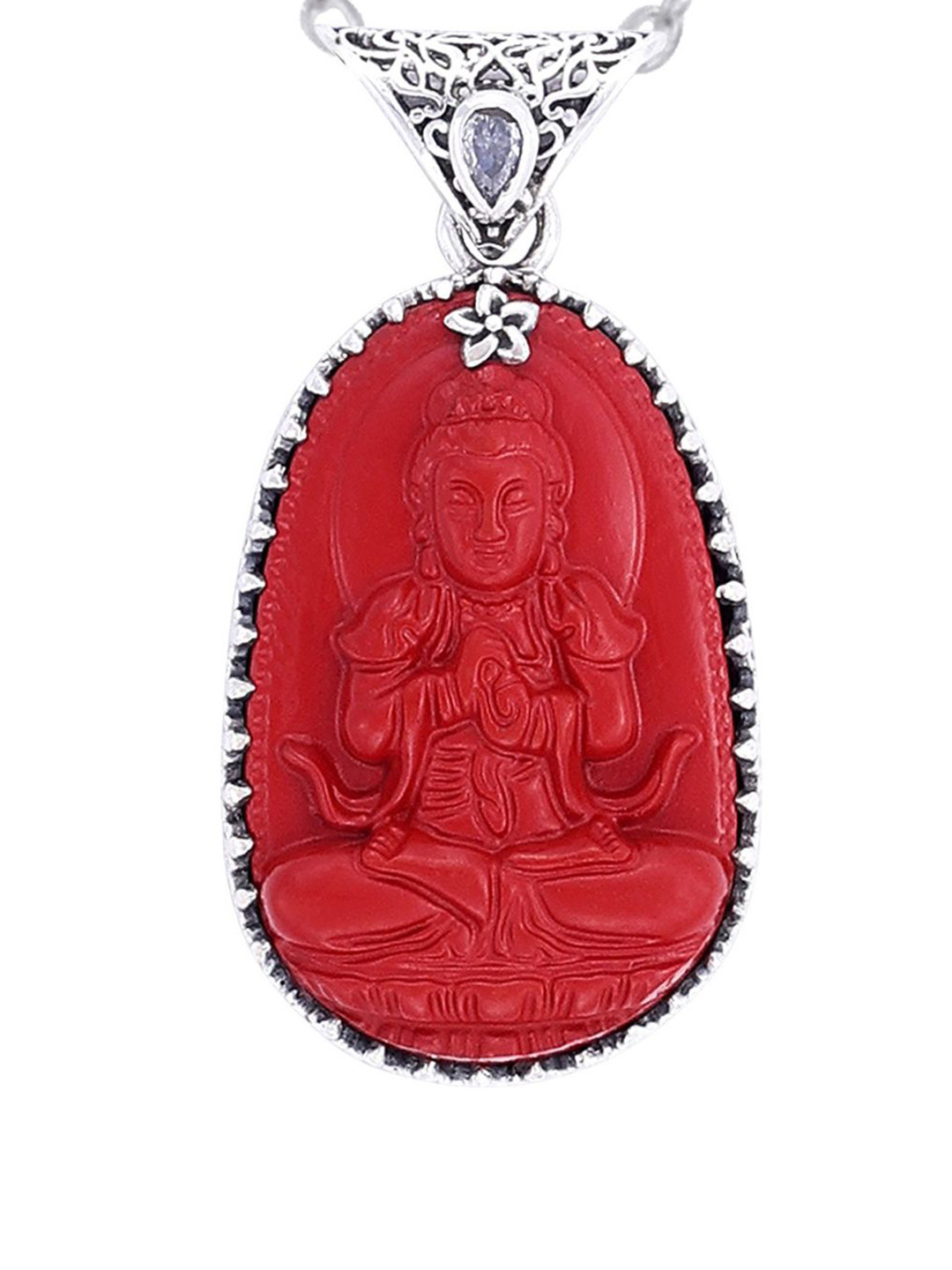 Exotic India Red Stone Chinese Buddha with Precious Cubic Zirconia Sterling Silver Pendant