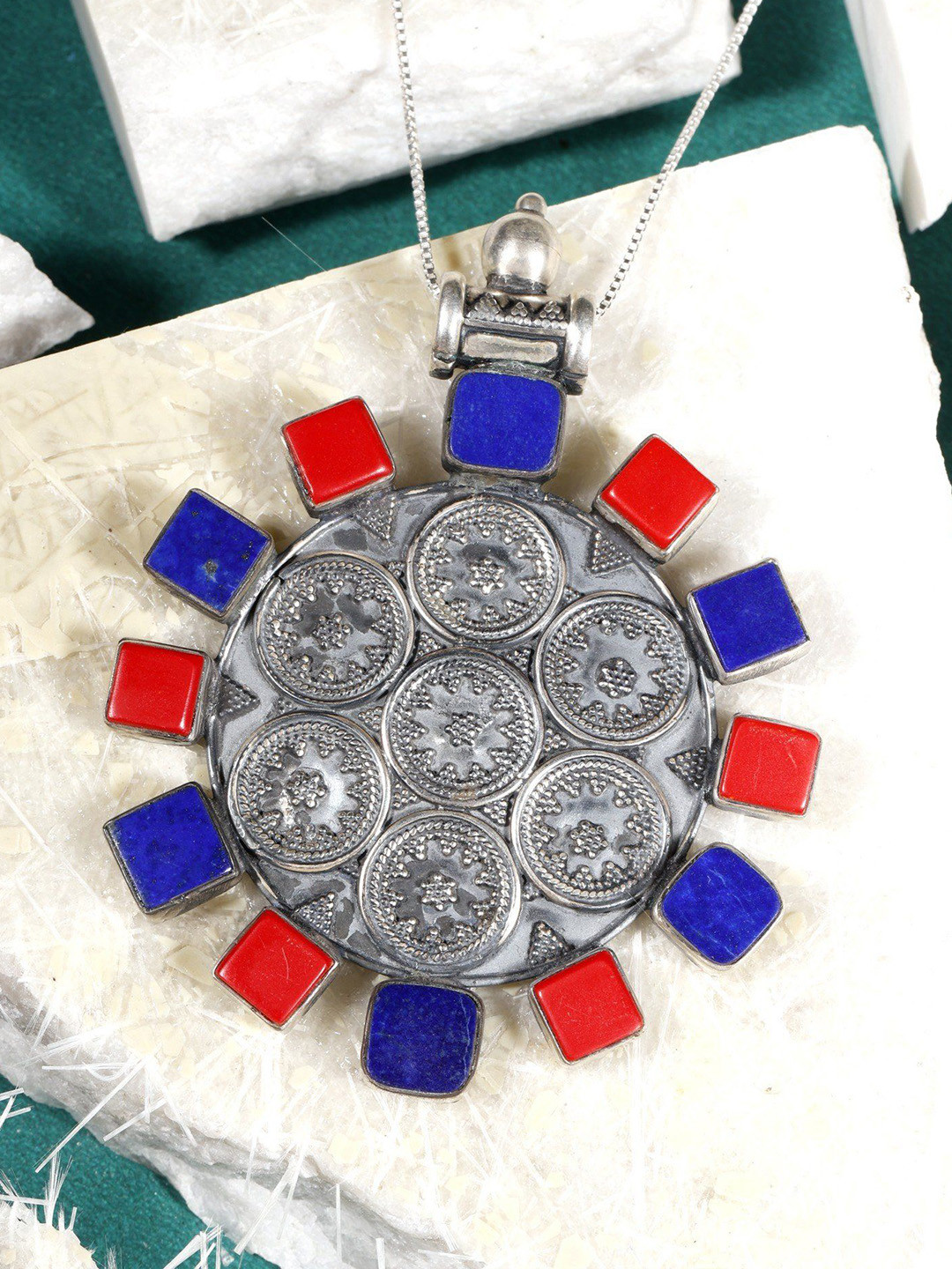 Exotic India Coral & Lapis Lazuli Stone Circular Sterling Silver Pendant