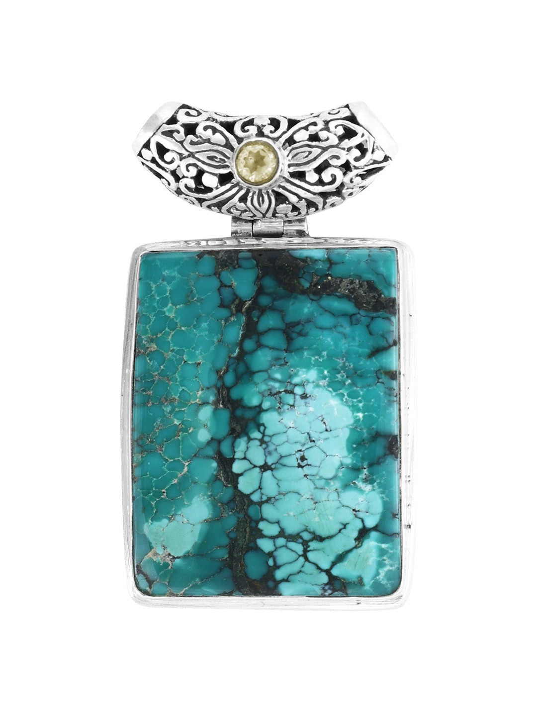 Exotic India Turquoise Stone Sterling Silver Rectangle Pendant