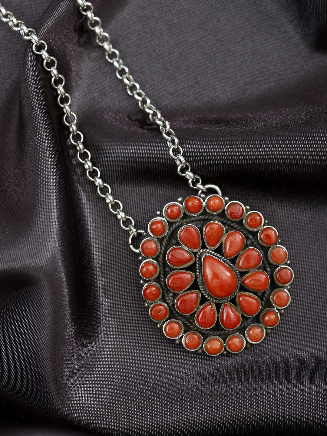 Exotic India Teardrop Shape Coral Gemstones Sterling Silver Pendant