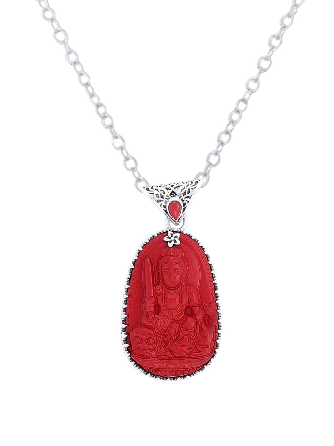 Exotic India Buddha Pendant Crafted with Precious Red Gemstone Sterling Silver Pendant