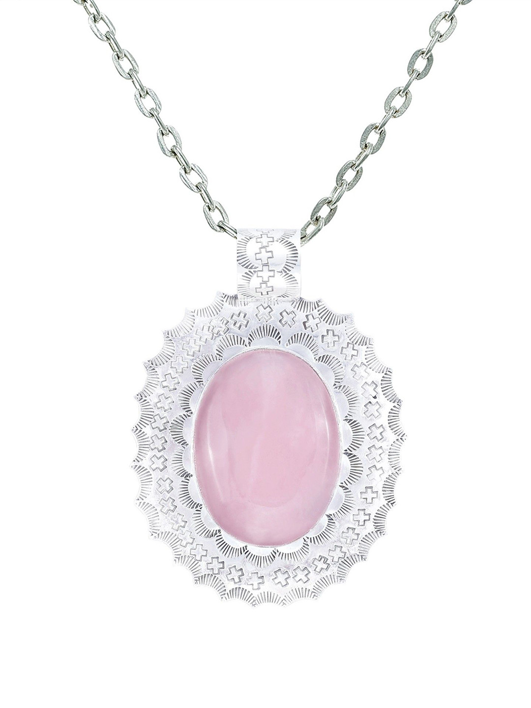 Exotic India Rose Quartz Stone Large Oval Shaped Pattern Engraved Sterling Silver Pendant