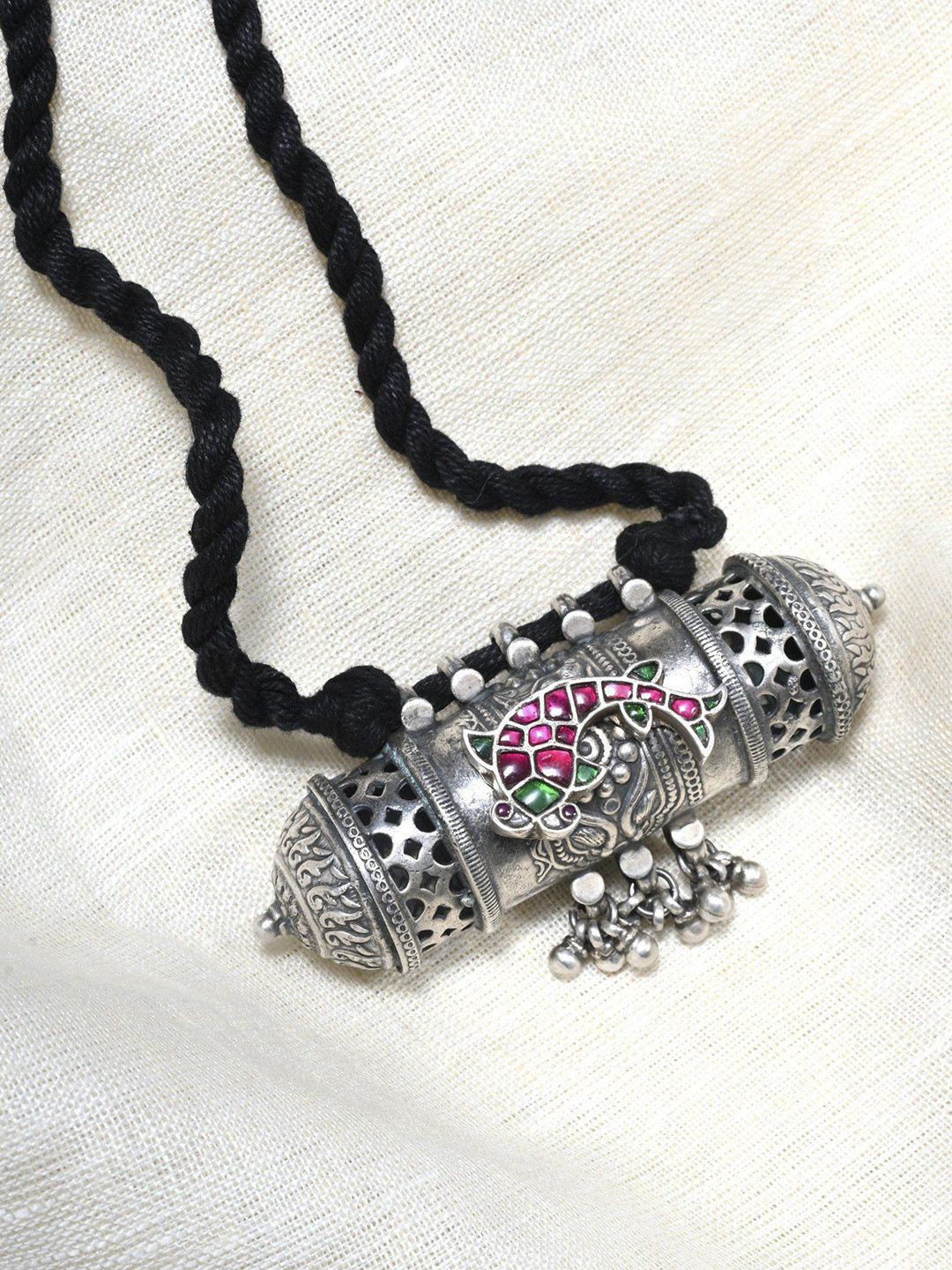 Exotic India Sterling Silver Taweez Pendant with Black Thread