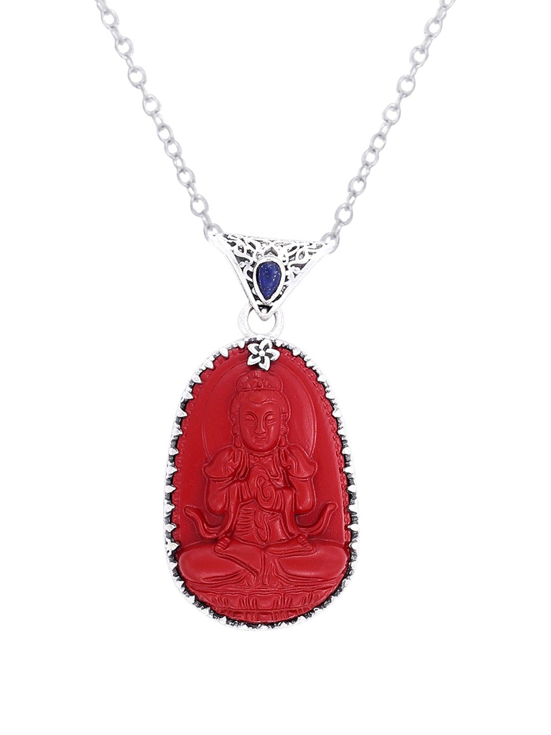 Exotic India Red Stone Chinese Buddha with Lapis Lazuli Gemstone Sterling Silver Pendant