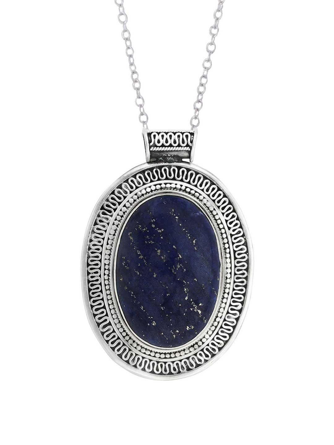 Exotic India Lapis Lazuli Large Gemstone Sterling Silver Studded Pendant