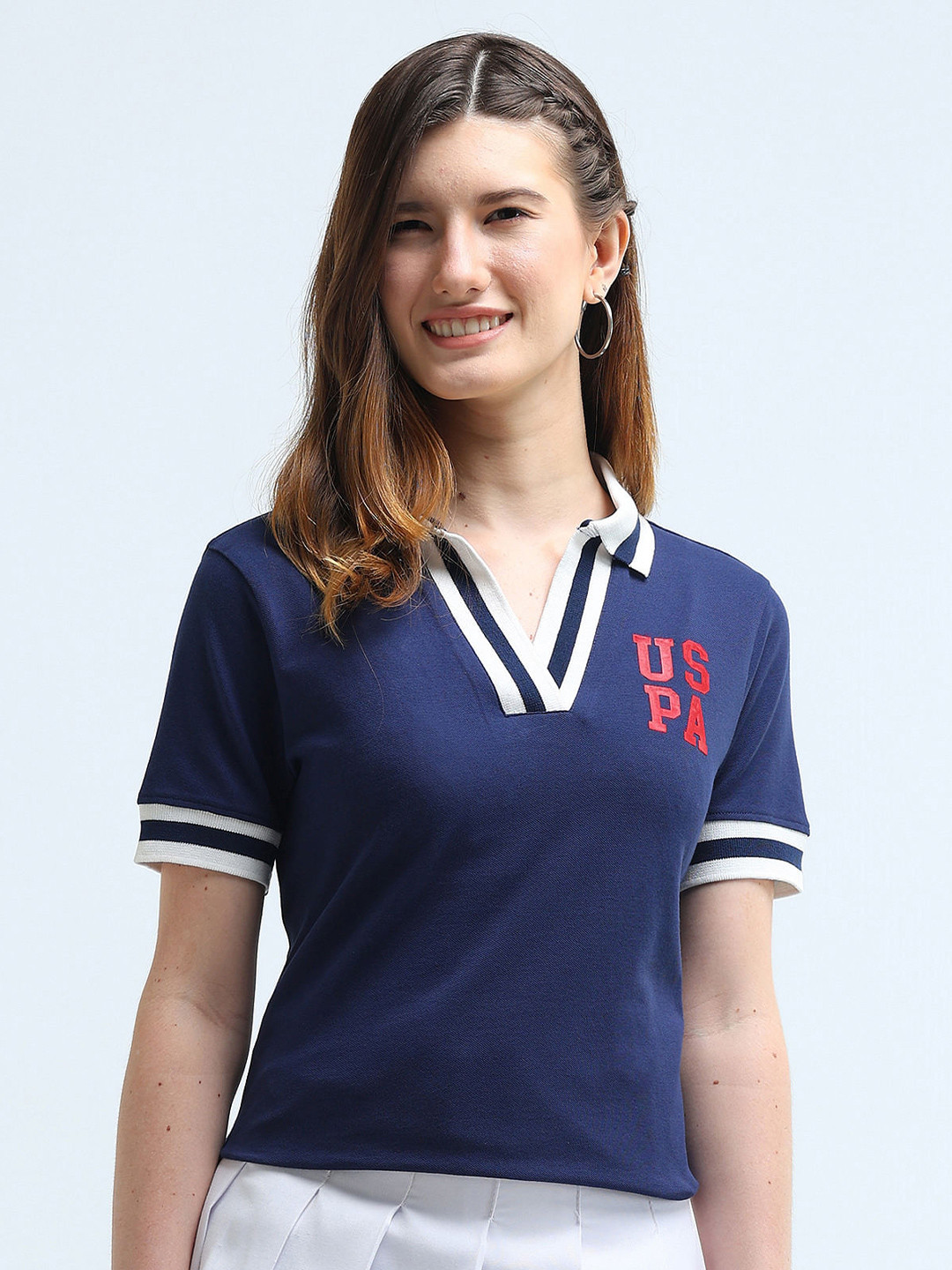 U.S. Polo Assn. Women Typography Printed Polo Collar Cotton T-Shirt