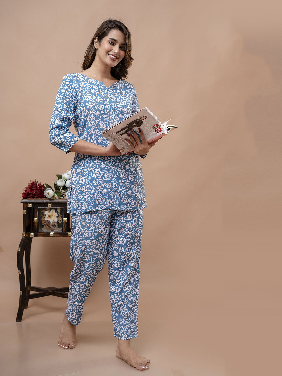 Shedika Women Ethnic Motif Night suit 233 Sky-Sky & White