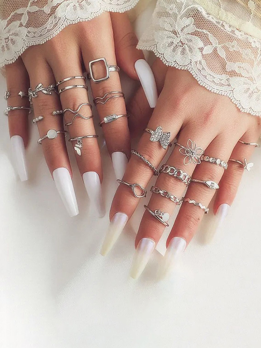 Jewels Galaxy Set of 23 Silver-Plated Stones Studded Stackable Finger Rings