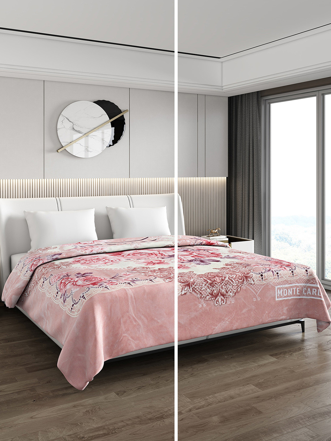 Monte Carlo White & Pink Floral Printed Heavy Winter Double Bed Blanket