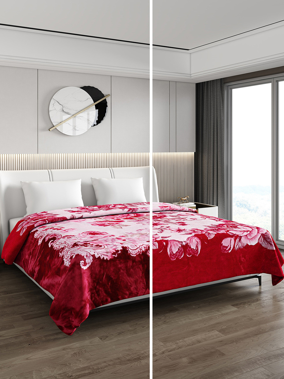 Monte Carlo Red & Pink Floral Printed 650 GSM Mild Winter Double Bed Blanket