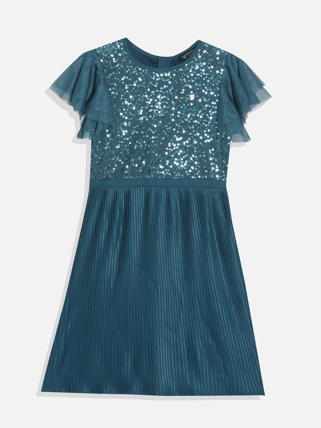 Allen Solly Junior Girls Accordion Pleated & Sequined Flared Sleeves A-Line Midi Dress