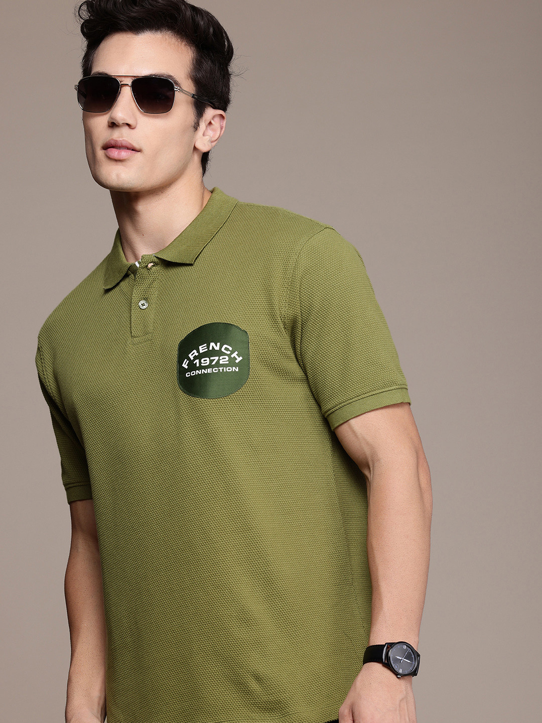 French Connection Textured Polo Collar Applique Pure Cotton T-shirt