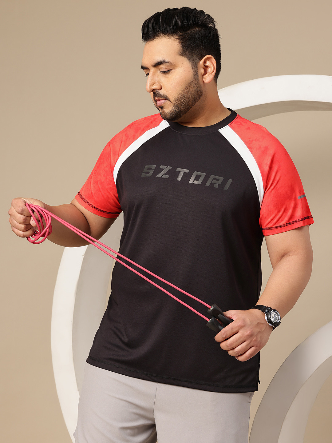 Sztori Plus Size Printed Reflective Detail Raglan Sleeves T-shirt