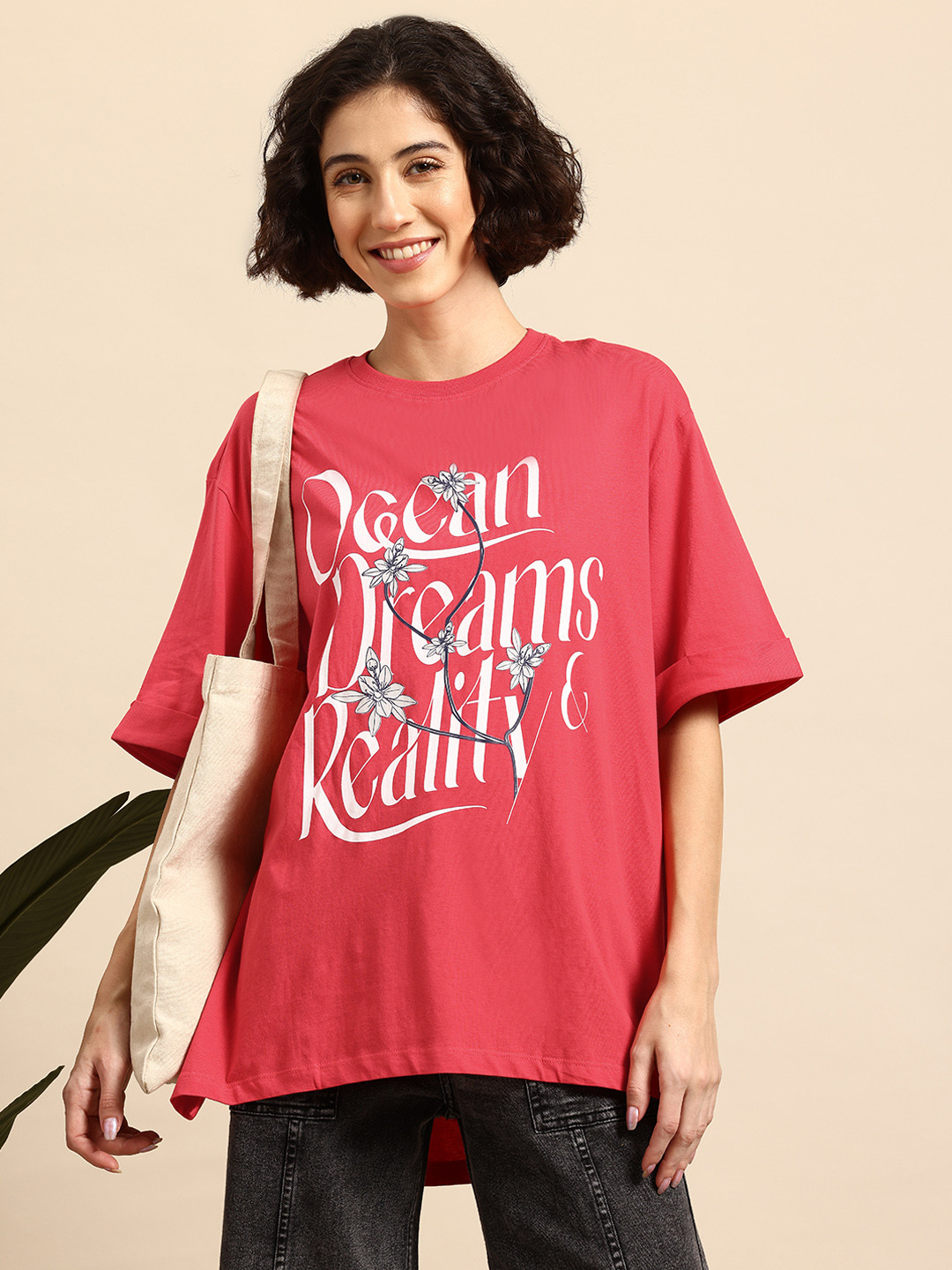 Mast & Harbour Typography Printed Oversized Side Slit Longline T-shirt