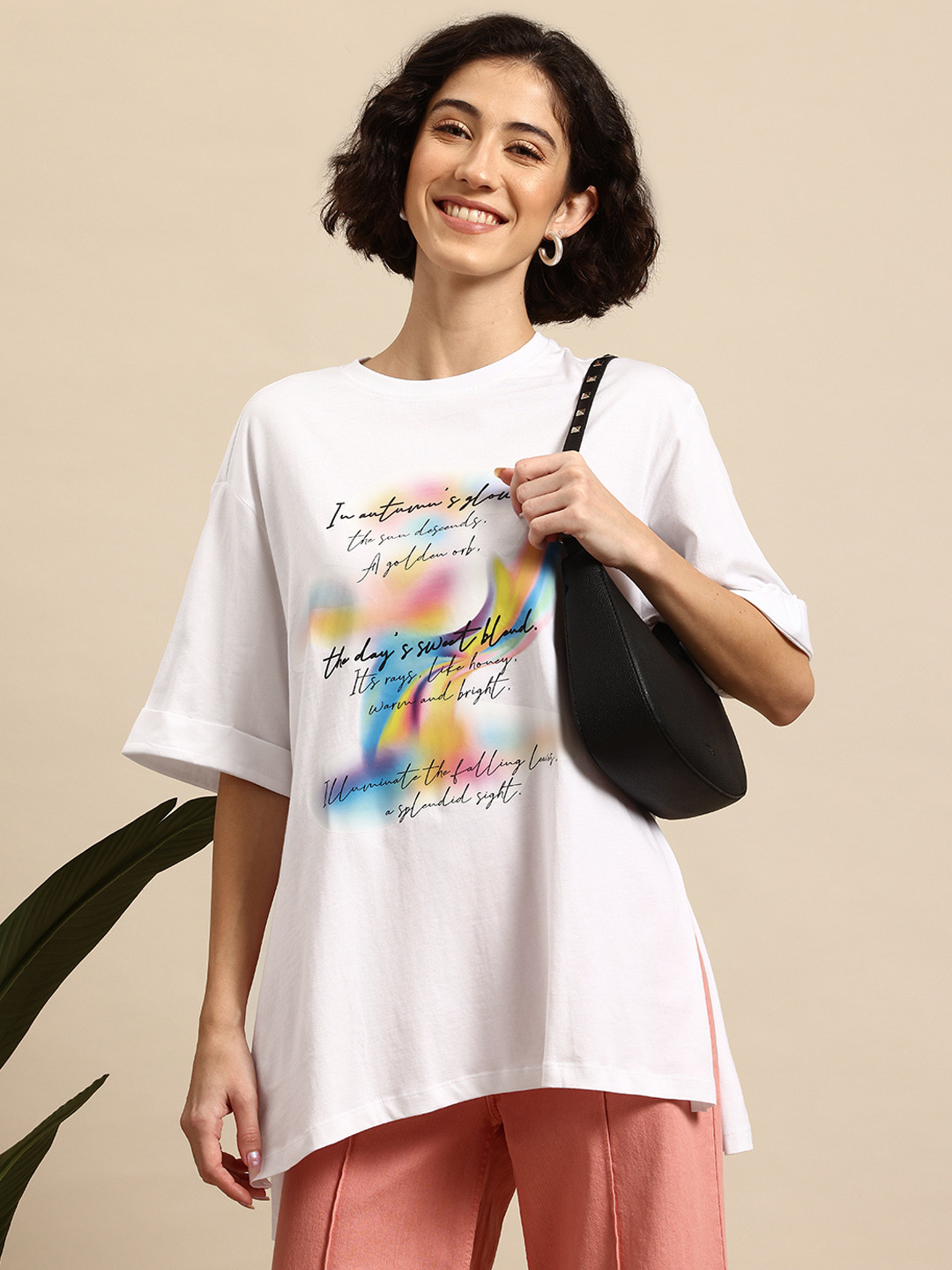 Mast & Harbour Typography Printed Oversized Side Slit Longline T-shirt
