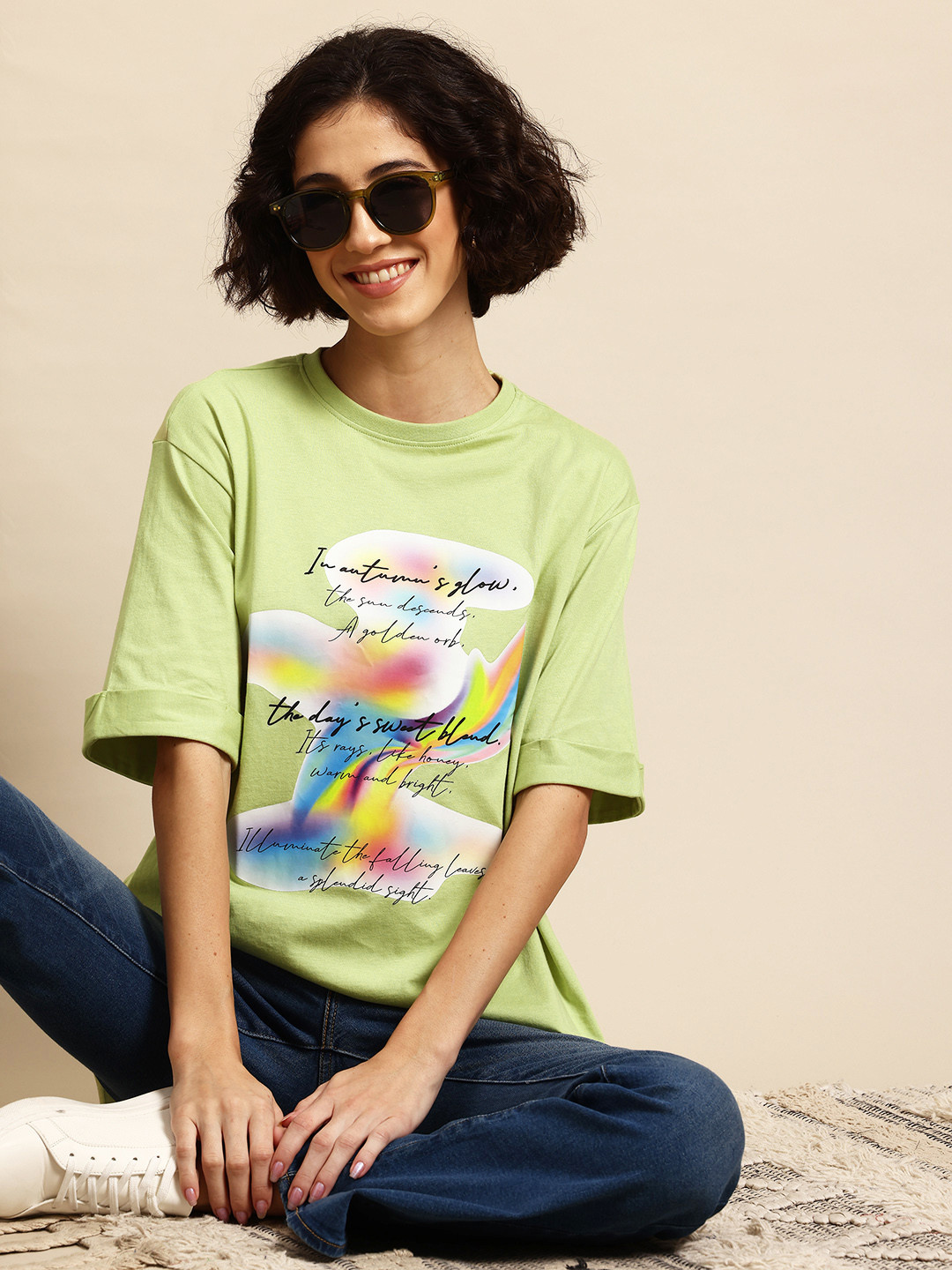 Mast & Harbour Typography Printed Oversized Side Slit Longline T-shirt