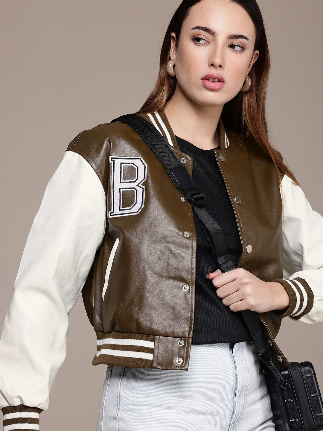 FCUK Patchwork Detailed Stand Collar Varsity Jacket