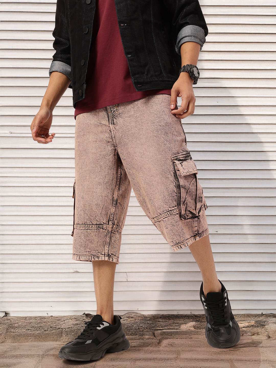 Kook N Keech Men 3/4th Length Denim Cotton Cargo Shorts