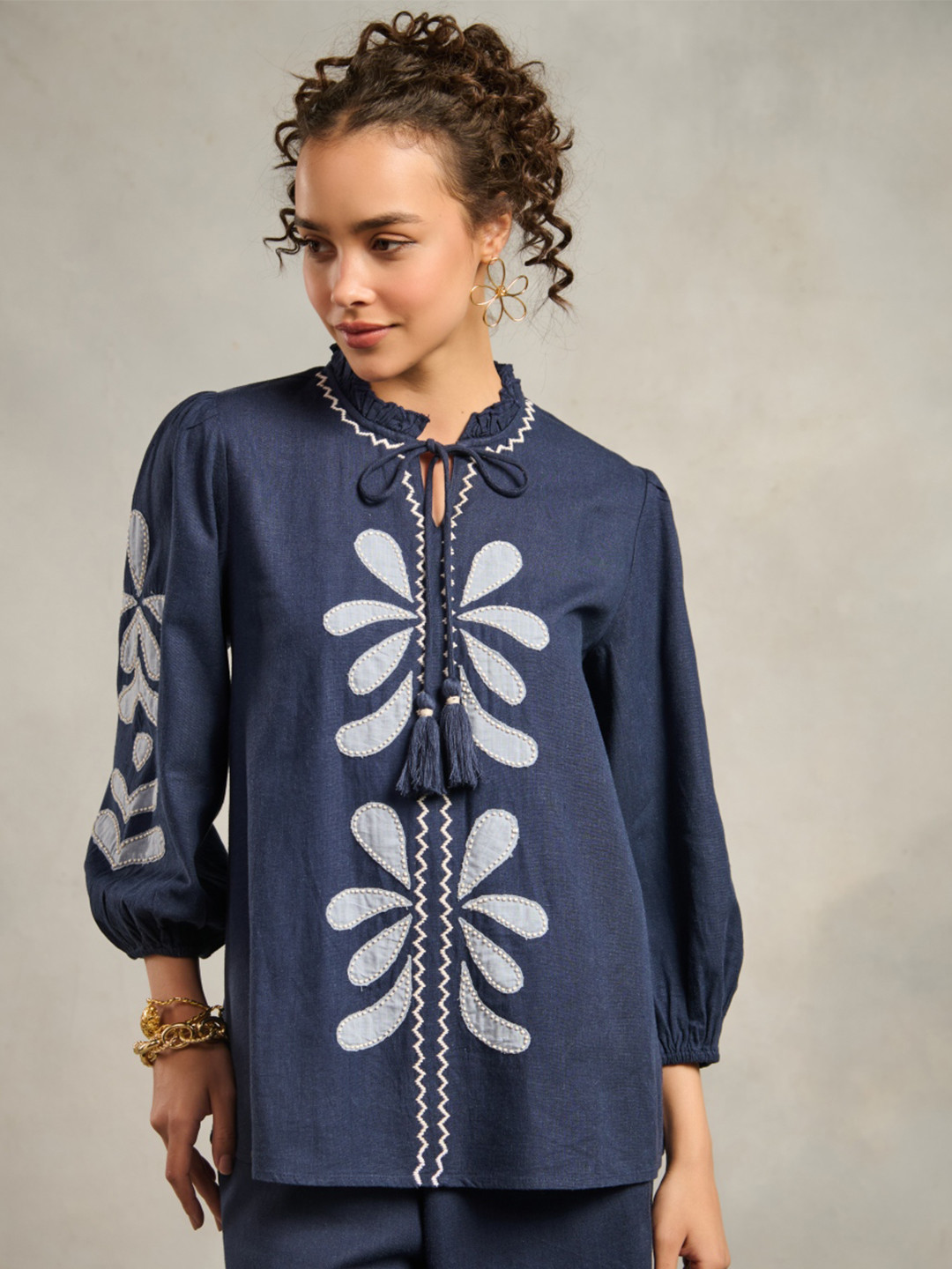 Style Island Floral Print Mandarin Collar Bohemian Linen Shirt Style Top