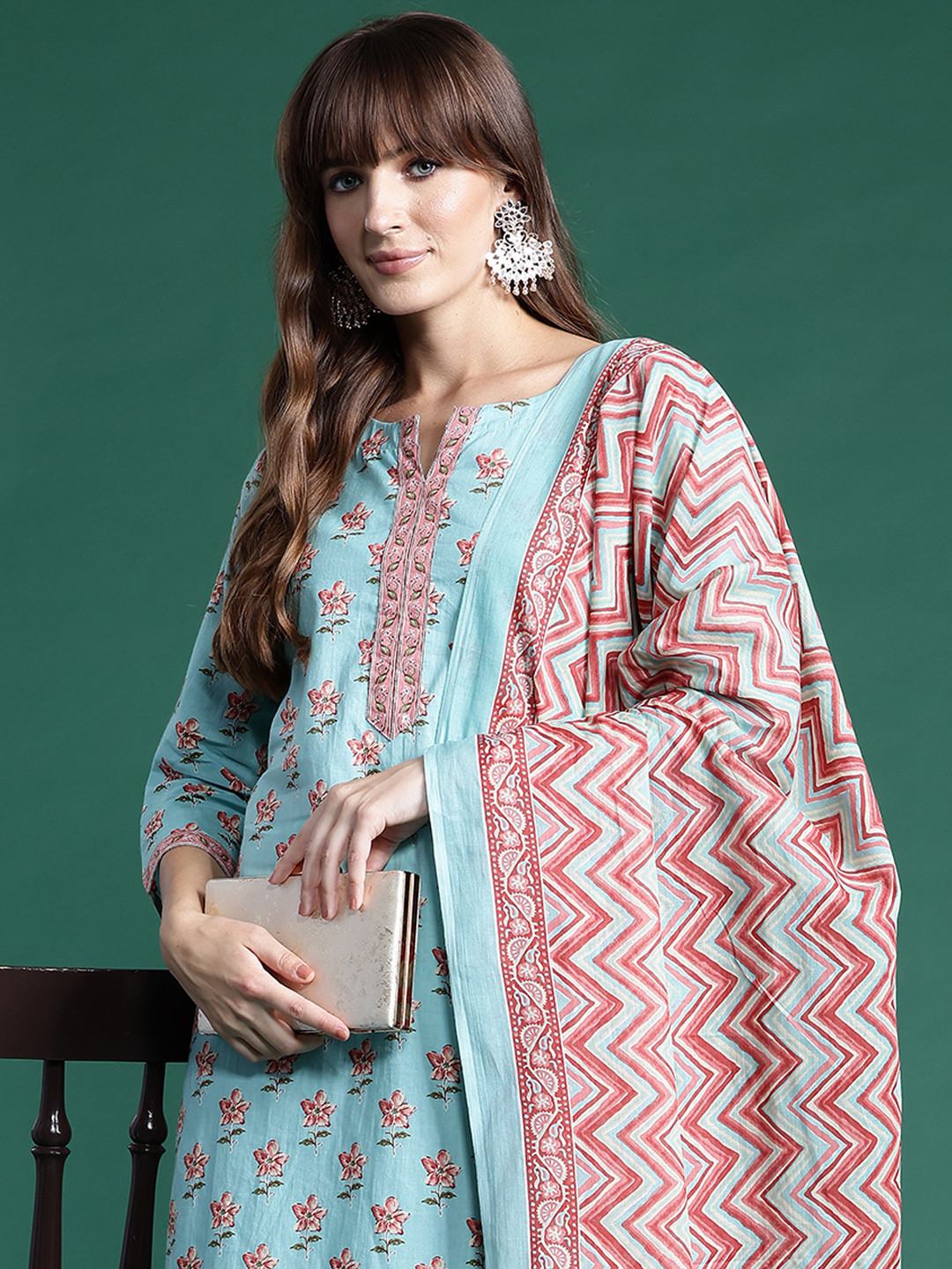 Indo Era Floral Printed Pure Cotton Kurta With Trousers & Dupatta