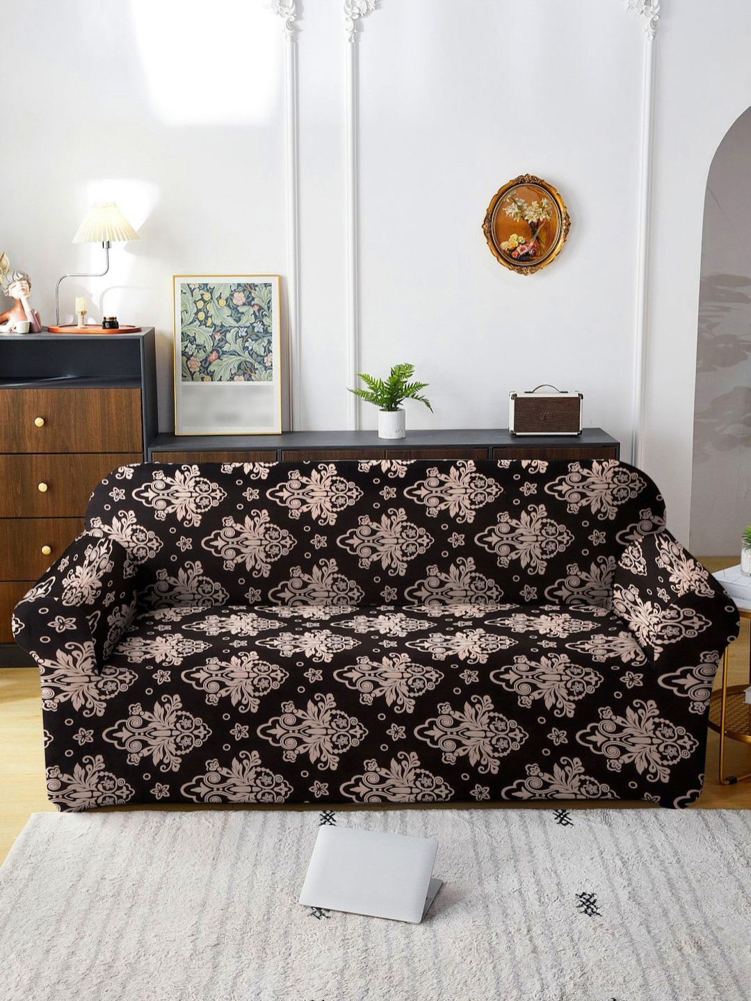 HOSTA HOMES Brown & Beige Printed 3-Seater Stretchable Sofa Cover With Arms