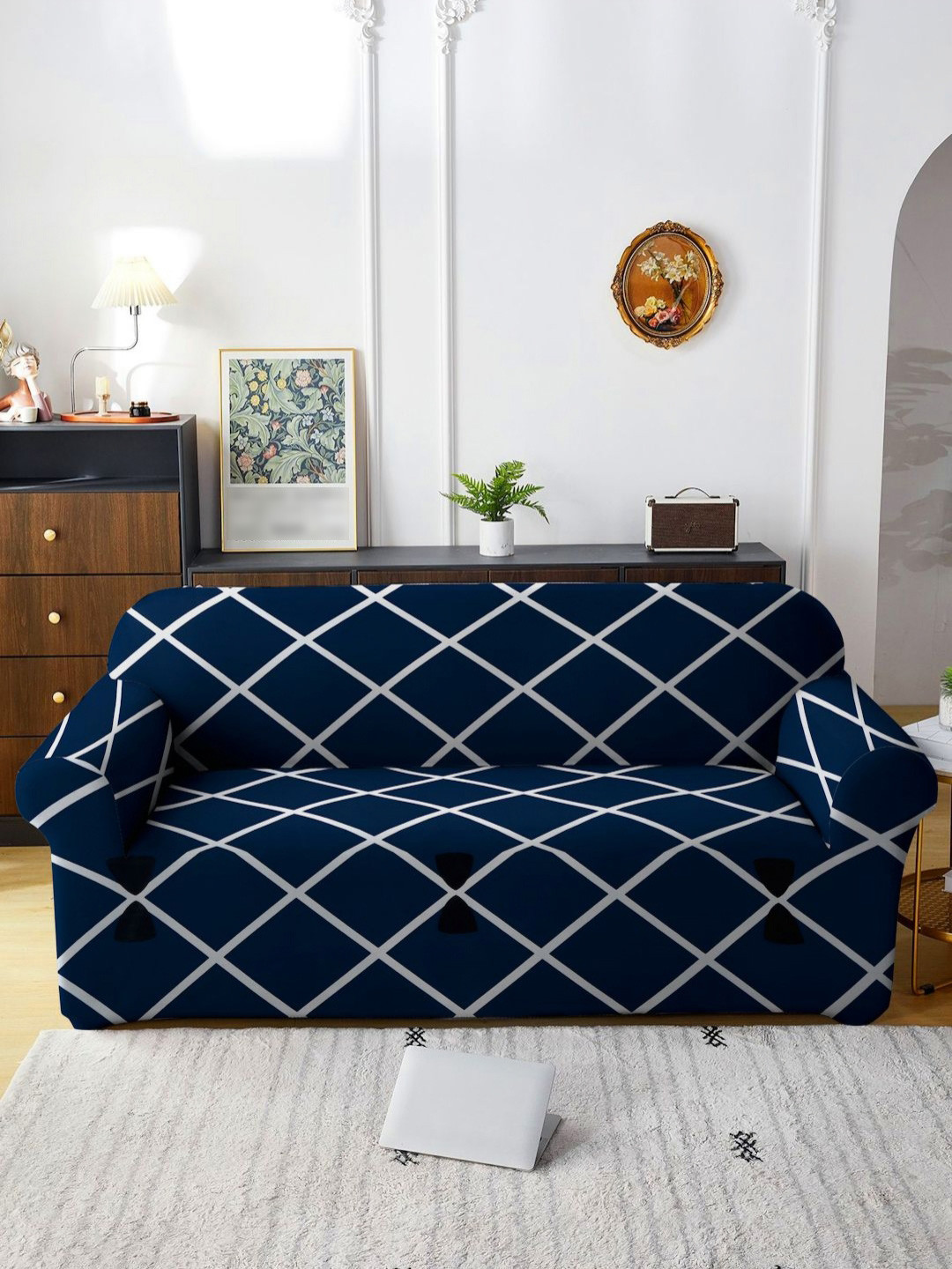 HOSTA HOMES Blue & White 3-Seater Stretchable Sofa Cover With Arms