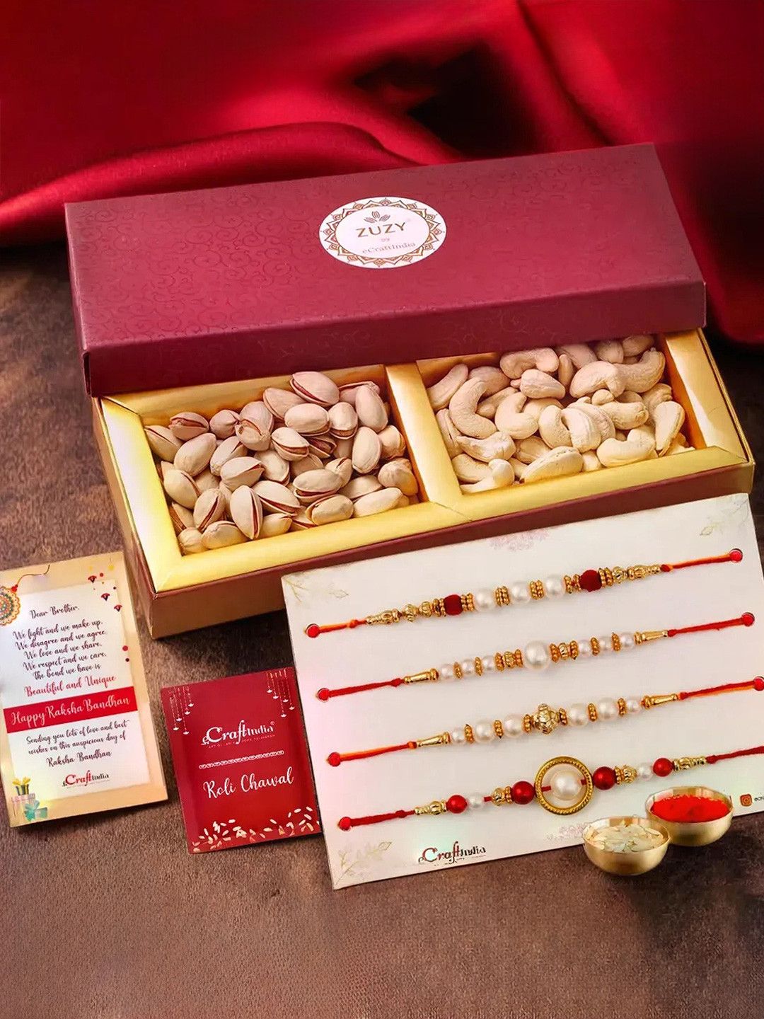eCraftIndia Set of 5 Designer Rakhis With Zuzy Sun Dried Fruit Box and Roli Chawal Pack