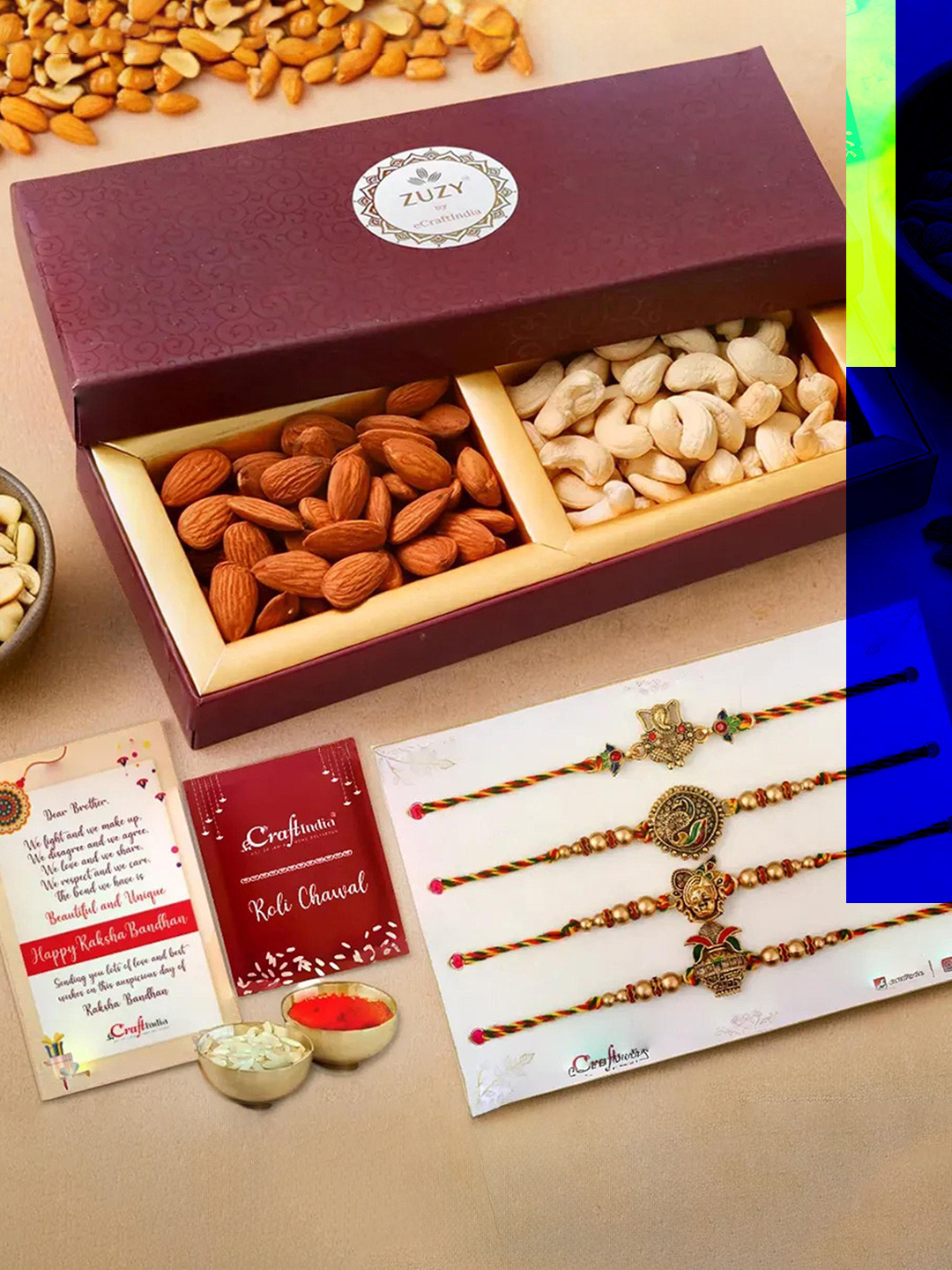 eCraftIndia Set of 5 Religious Rakhis With Zuzy Cashew & Almonds Dry Fruits & Roli Chawal