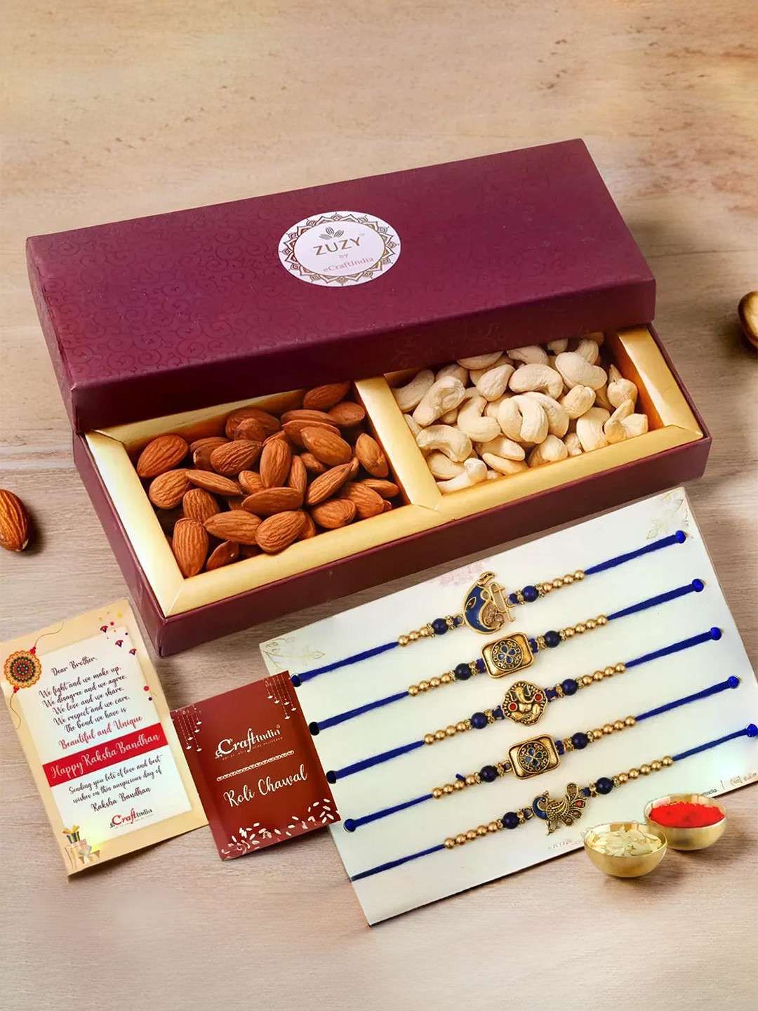 eCraftIndia Set of 6 Religious Rakhi With Zuzy Dry Fruit Gift Box and Roli Chawal Pack