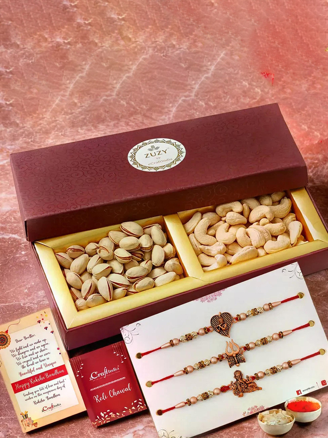 eCraftIndia Set of 4 Religious Rakhis With Cashew & Pistachio Dry Fruit Box & Roli Chawal