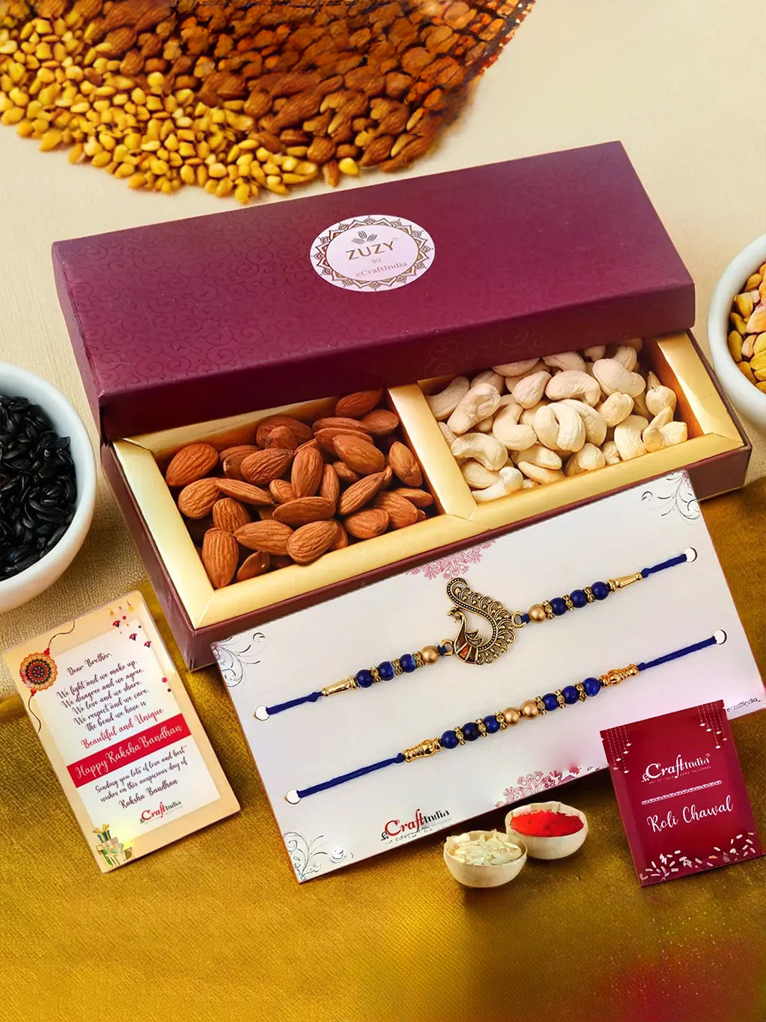 eCraftIndia Set of 3 Peacock Rakhi With Cashew & Almonds Dry Fruit Box & Roli Chawal