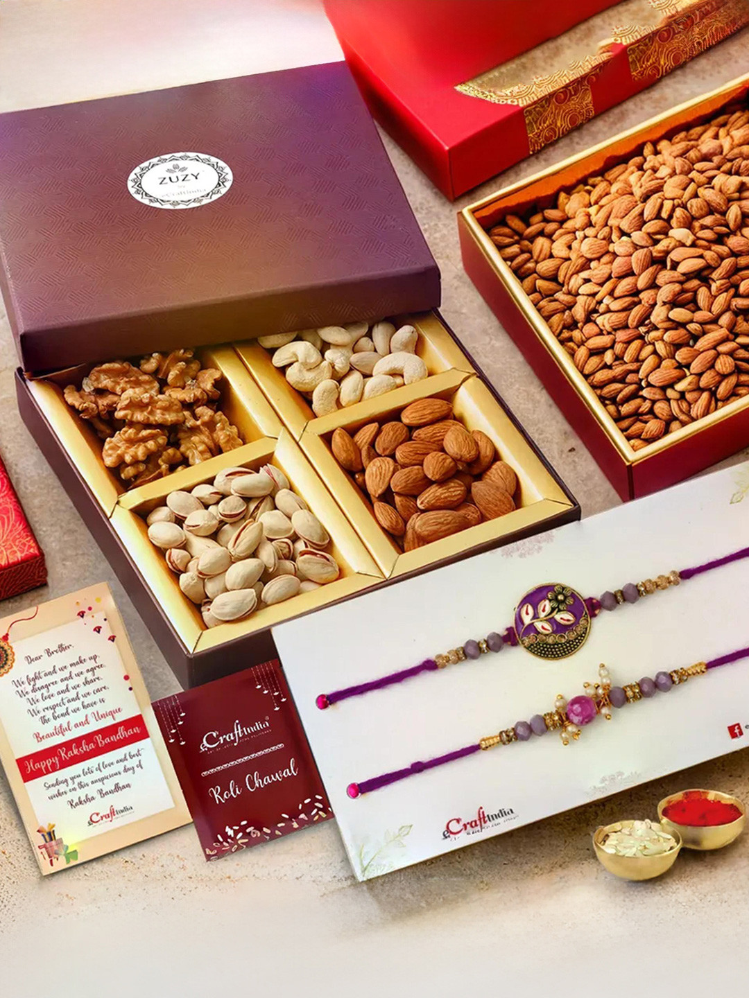 eCraftIndia Set of 3 Religious Rakhis With Zuzy Dry Fruit Gift Box & Roli Chawal