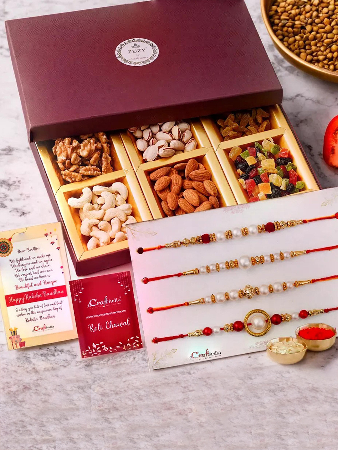 eCraftIndia Set of 5 Rudraksha Rakhis With Zuzy Dry Fruit Box & Roli Chawal Pack