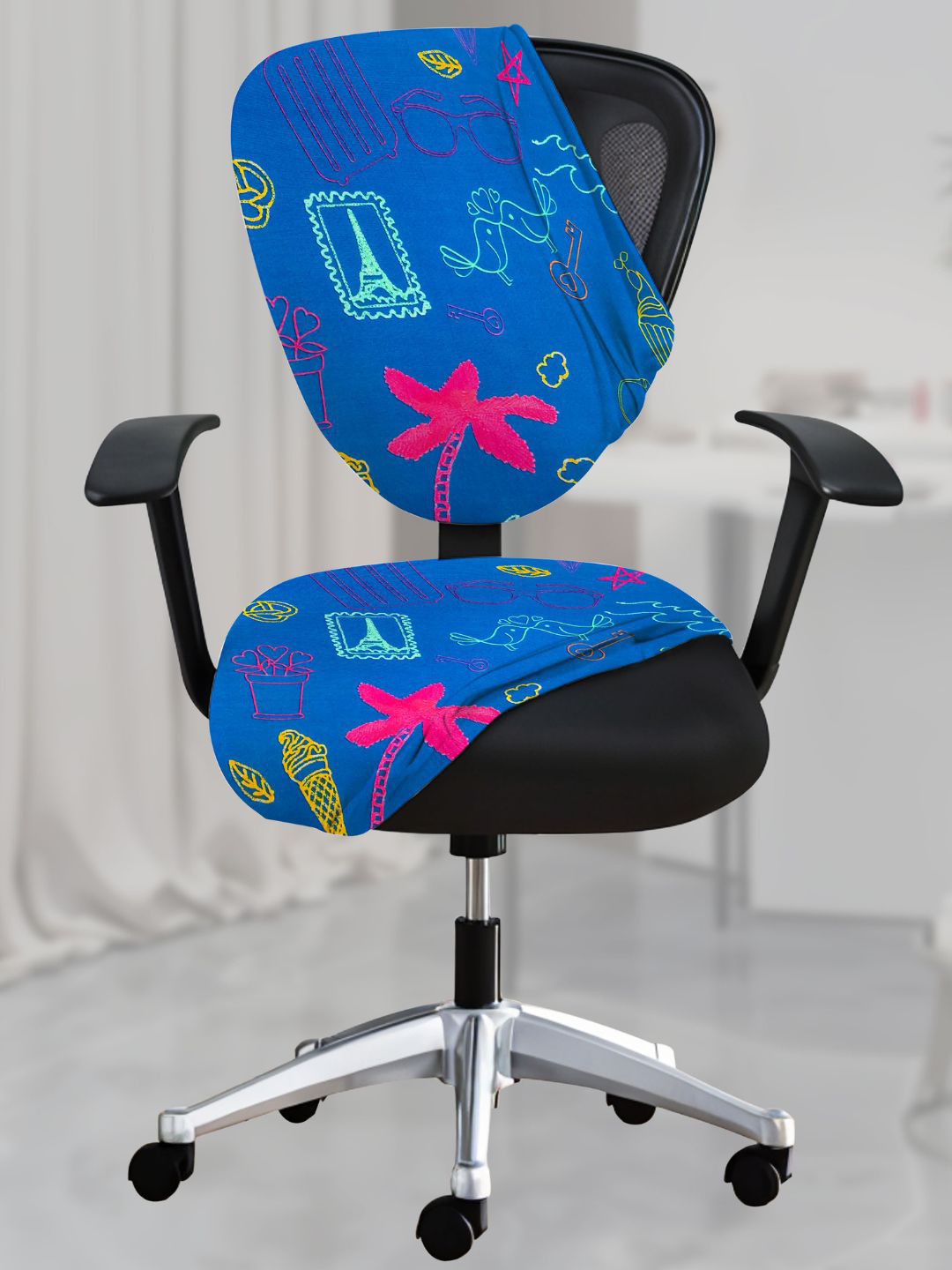 Lazi 200 GSM Blue Cupcake Printed Stretchable Office Chair Cover