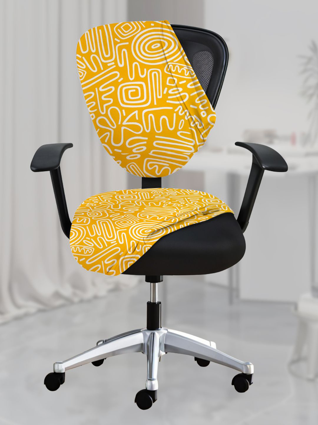 Lazi 200 GSM Yellow & White Abstract Printed Stretchable Office Chair Cover