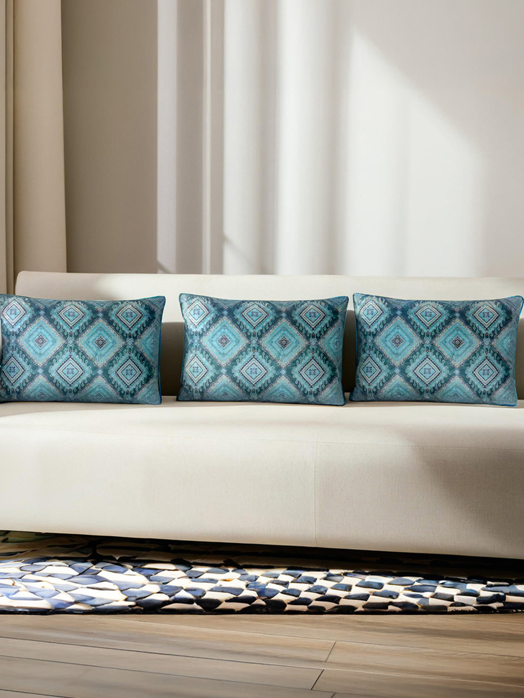 Decoghar Green 3 Pieces Ethnic Motifs Printed Velvet Rectangle Cushion Covers