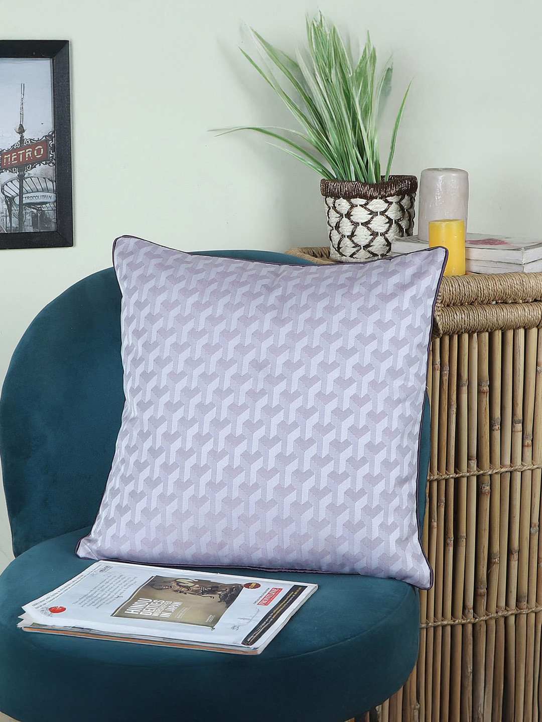 Decoghar Purple Geometric Polyester Washable Square Cushion Cover - 16 x 16 Inches