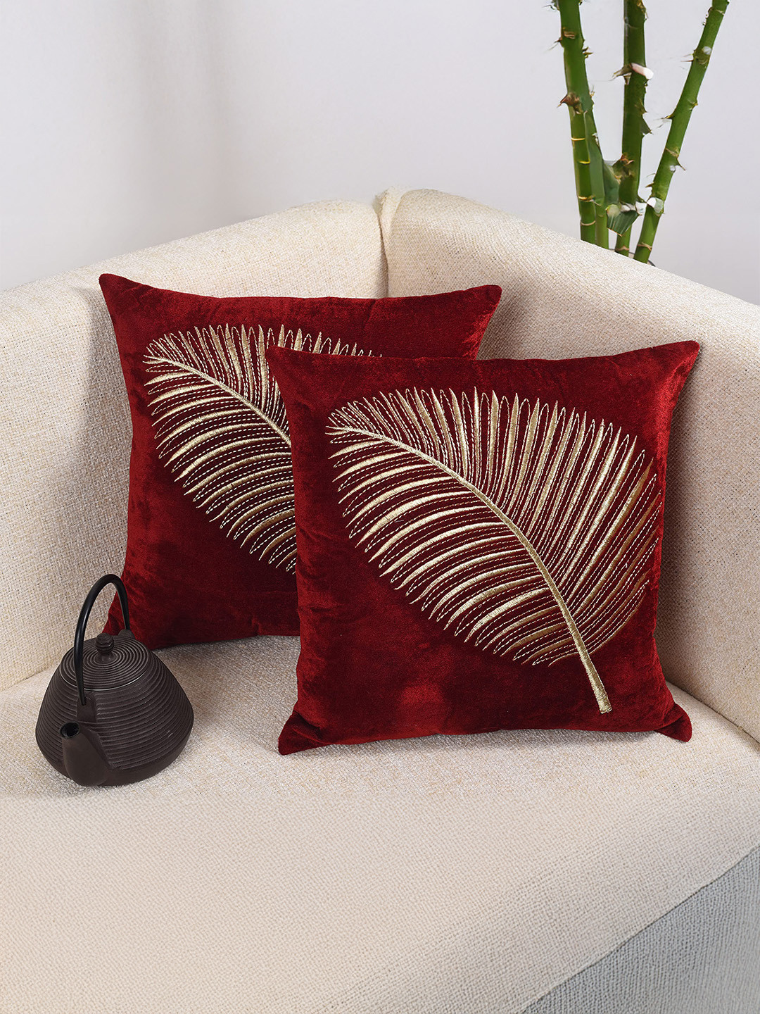 Decoghar Red Zari Leaf Embroidered 2 Pieces Square Cushion Covers
