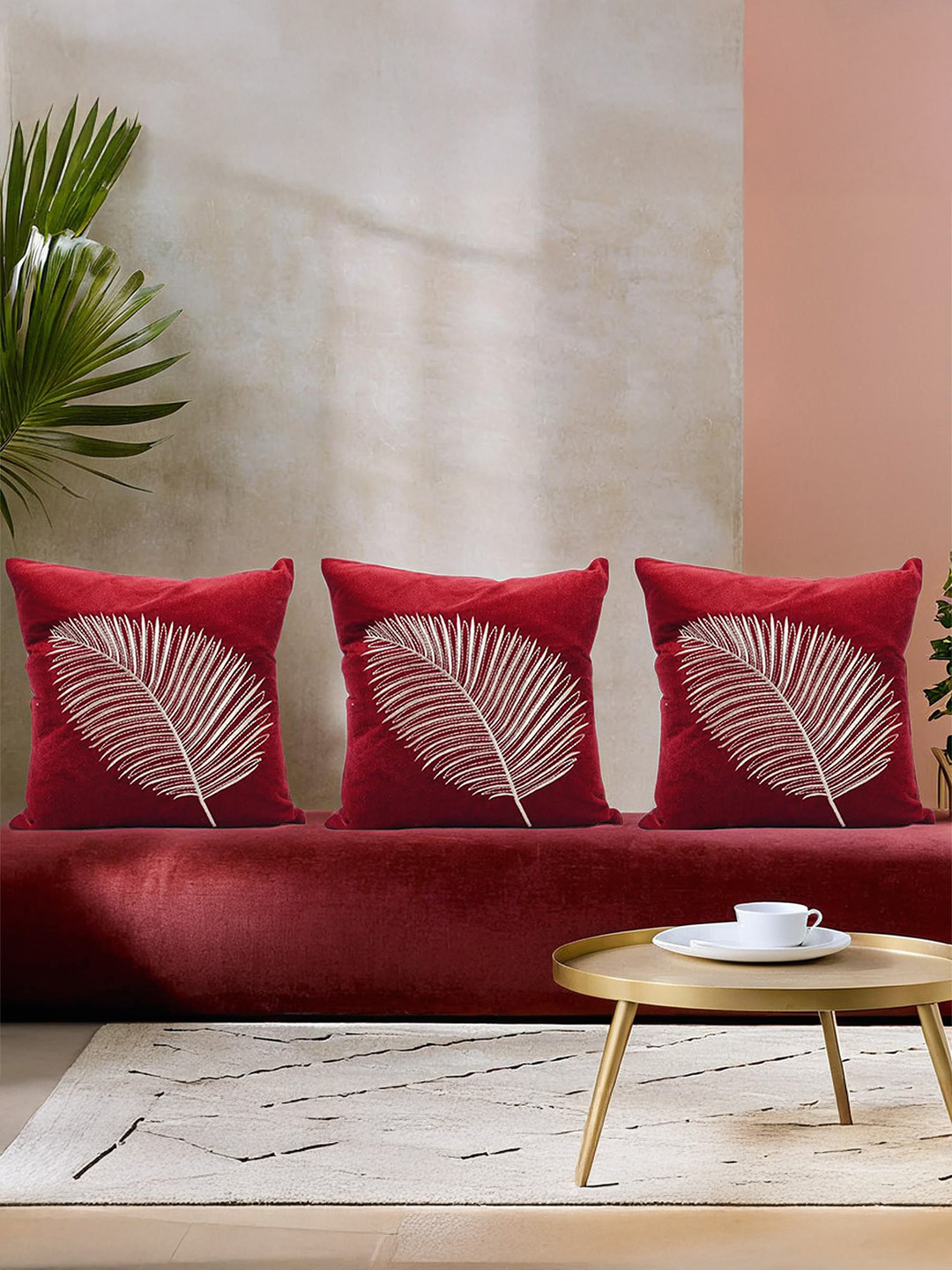 Decoghar Red Zari Leaf Embroidered 3 Pieces Square Cushion Covers