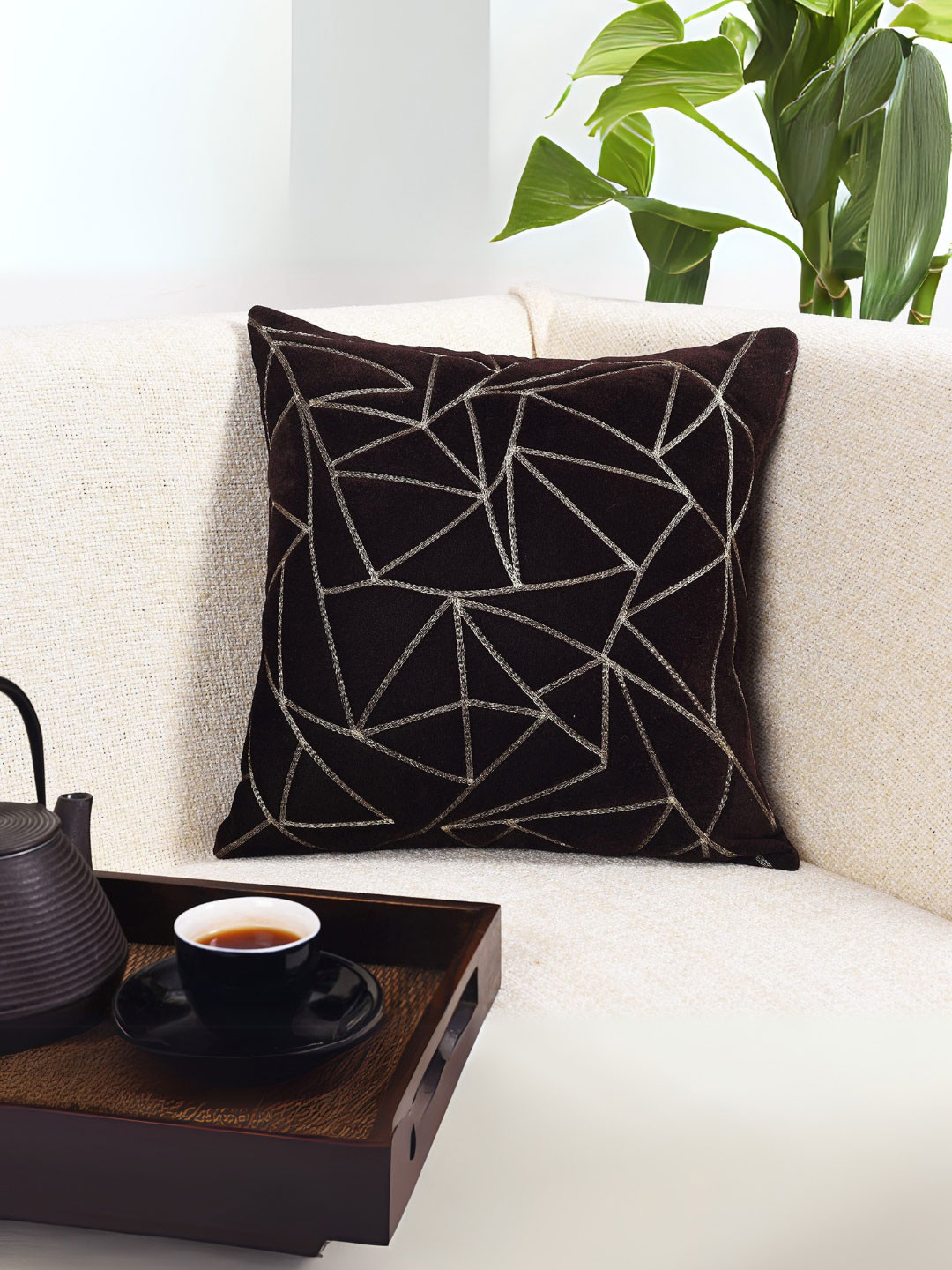 Decoghar Brown Embroidered Single Piece Square Cushion Covers