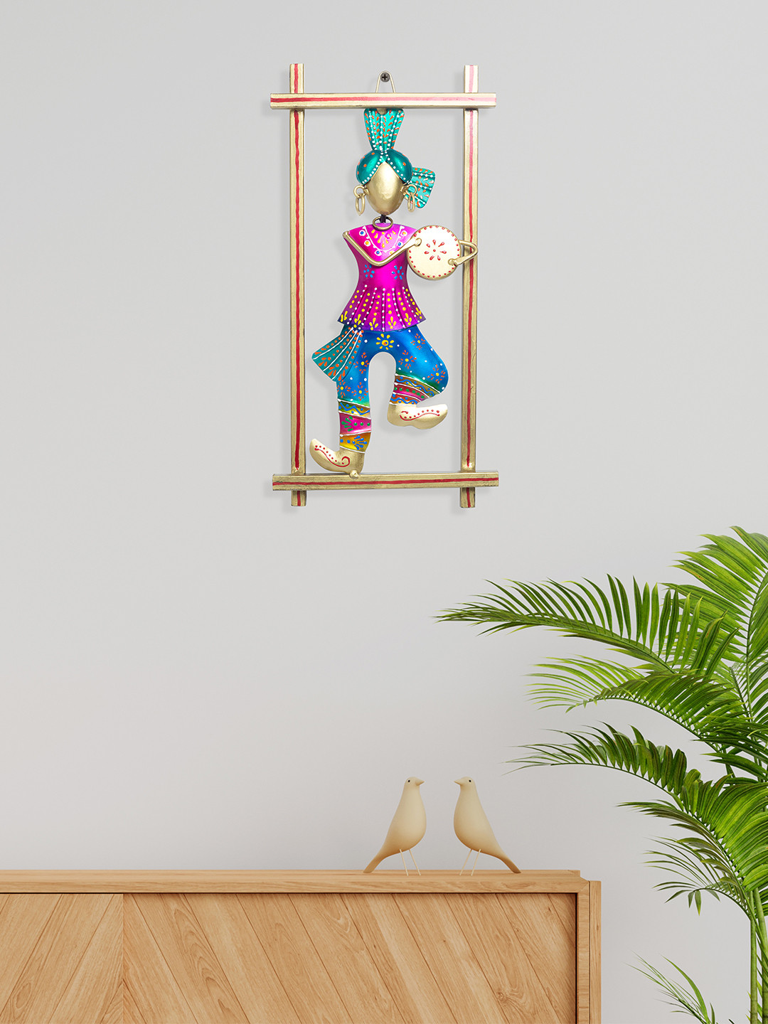 Golden Peacock Rajasthani Musician Hangings Hand-Painted Metal Glossy Wall Hangings-14.8In