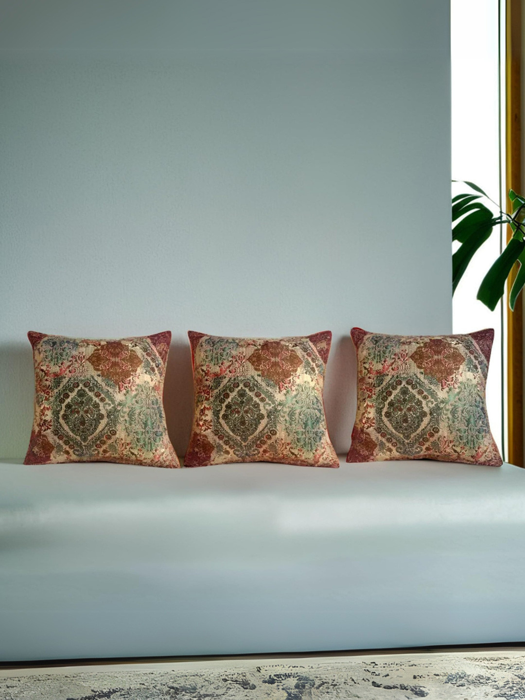Decoghar Green 3 Pieces Floral Print Velvet Square Cushion Covers